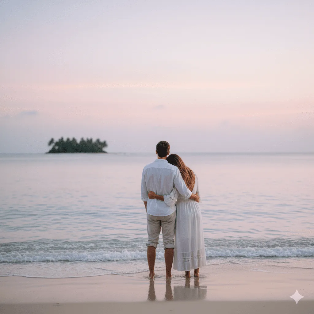 Pasangan menikmati momen tenang saat matahari terbenam di pantai dalam paket honeymoon romantis di Lombok.