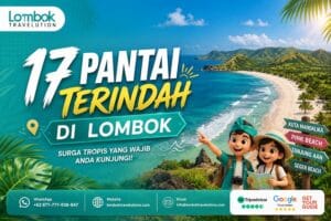 Featured image yang menampilkan panorama pantai-pantai terindah di Lombok dengan air laut biru jernih, pasir putih, perbukitan hijau, serta karakter maskot kartun Lombok Travelution sebagai pendamping visual.