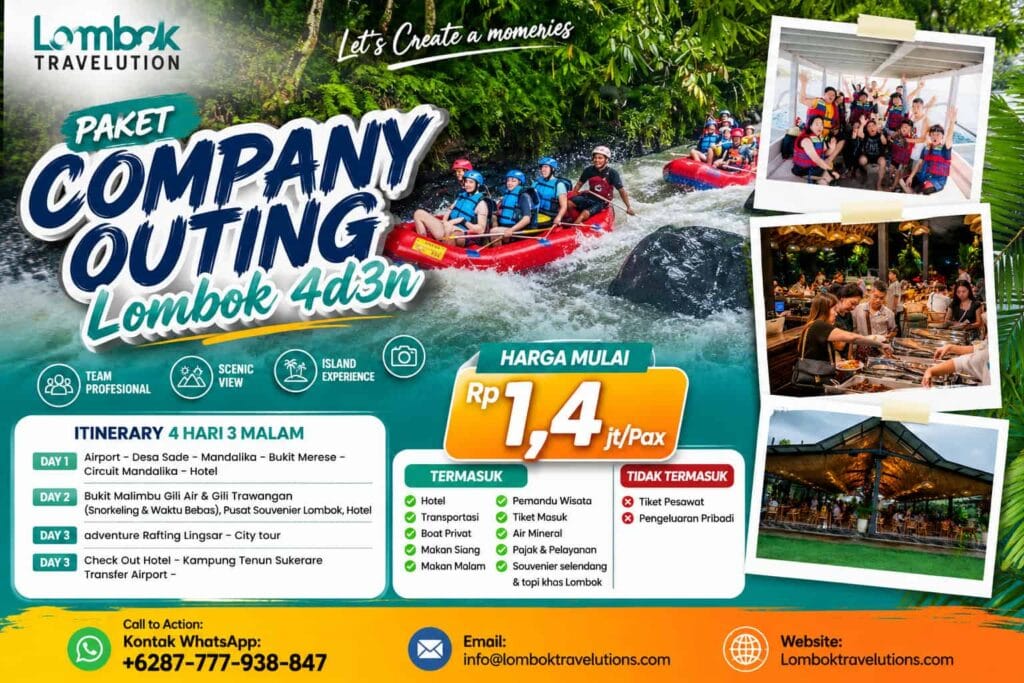 Paket Company Outing Lombok terbaik 4D3N dengan rafting, Gili Trawangan, team building, hotel, transportasi, dan gala dinner.