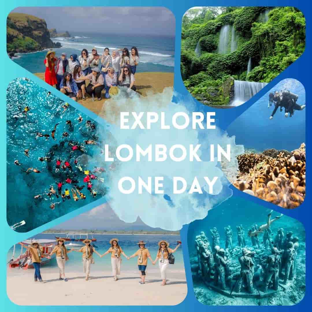 Wisatawan menikmati paket One Day Trip Lombok bersama Lombok Travelution menjelajahi air terjun, pantai, dan dunia bawah laut