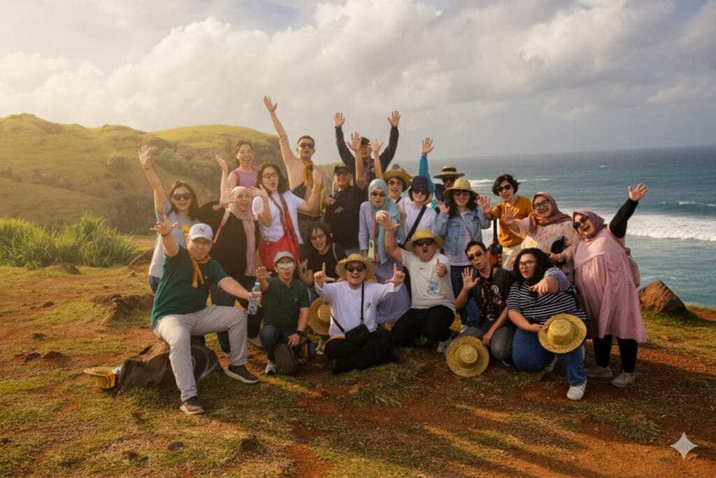Sekelompok besar wisatawan wanita berpose ceria di puncak Bukit Merese, Lombok, dengan latar belakang pemandangan laut dan langit berawan.