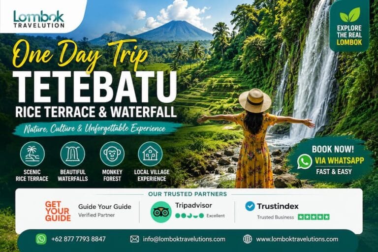 One Day Trip Tetebatu Rice Terrace & Waterfall Lombok by Lombok Travelution featuring scenic rice terraces, waterfall, monkey forest, and private guided tour.