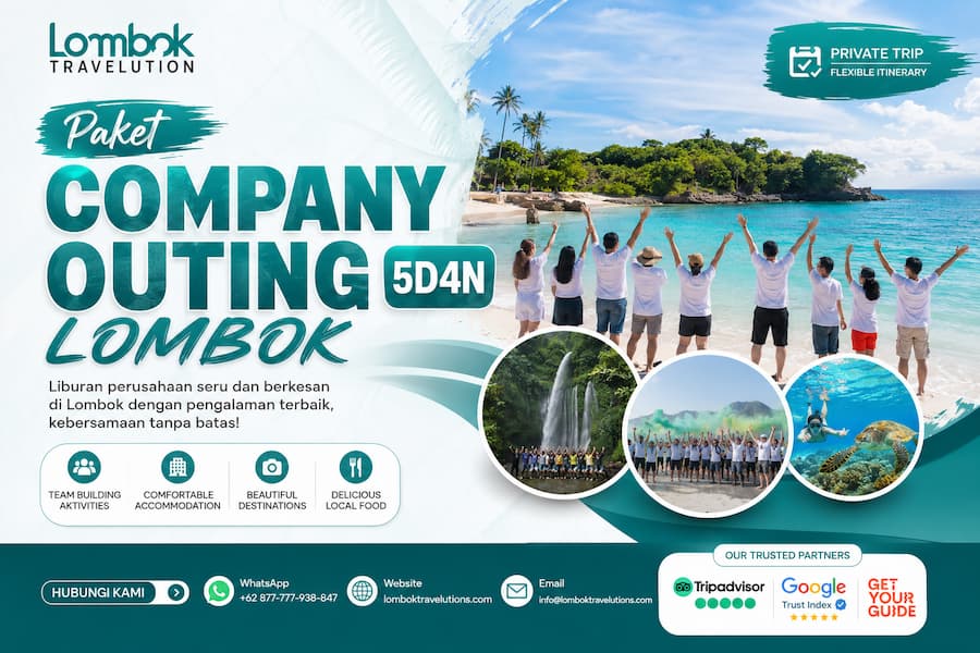 Paket Company Outing Lombok 5D4N dari Lombok Travelution dengan aktivitas team building, wisata pantai, snorkeling, dan private tour di Lombok.