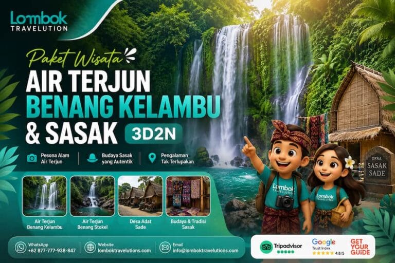 Paket Wisata Air Terjun Benang Kelambu & Desa Adat Sasak 3 Hari 2 Malam di Lombok dengan panorama air terjun, budaya Sasak, dan pengalaman wisata alam.