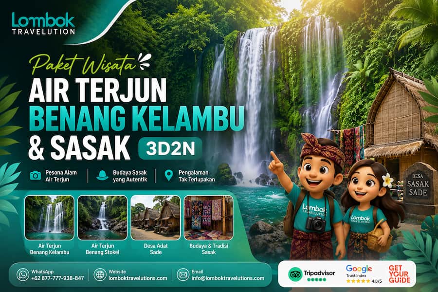 Paket Wisata Air Terjun Benang Kelambu & Desa Adat Sasak 3 Hari 2 Malam di Lombok dengan panorama air terjun, budaya Sasak, dan pengalaman wisata alam.