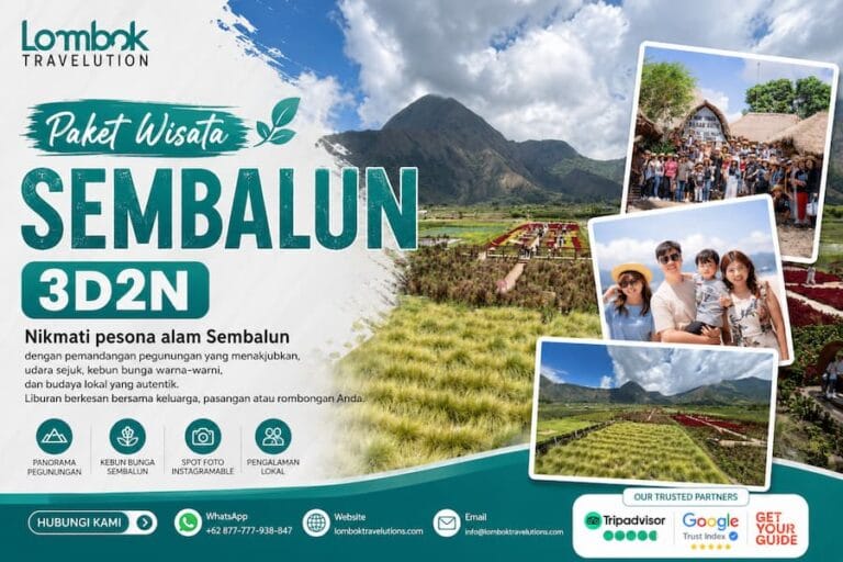 Paket Wisata Sembalun 3 Hari 2 Malam bersama Lombok Travelution dengan panorama Gunung Rinjani, Kebun Bunga Sembalun, Desa Sasak, dan private tour di Lombok.