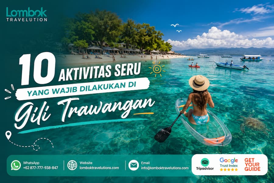 Wisatawan menikmati aktivitas seru di perairan jernih Gili Trawangan, Lombok dengan paddle board, snorkeling, dan panorama pantai tropis.