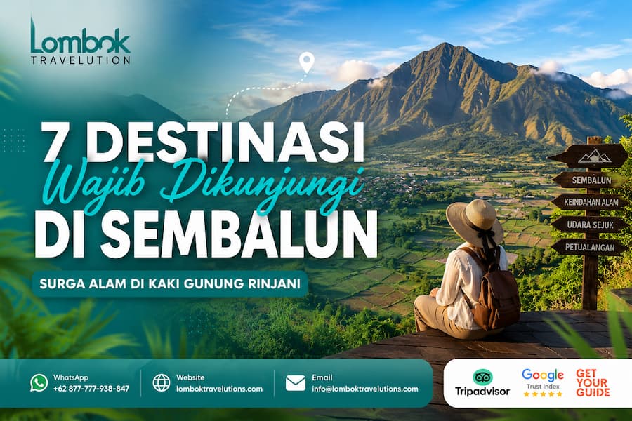 Panorama Sembalun di kaki Gunung Rinjani dengan hamparan sawah hijau dan wisatawan menikmati pemandangan untuk artikel 7 destinasi wajib dikunjungi di Sembalun Lombok.