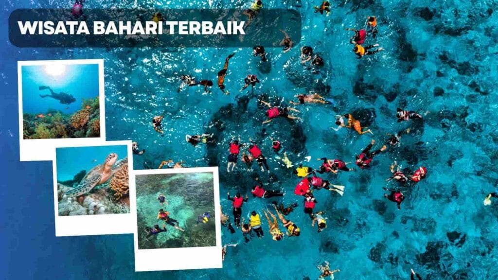 Poster Explore Lombok menampilkan aktivitas snorkeling dan diving bersama penyu di Gili Trawangan dengan latar pantai pasir putih.