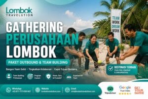 Tim peserta mengikuti aktivitas team building di pantai Lombok dalam paket gathering perusahaan yang diselenggarakan oleh Lombok Travelution.