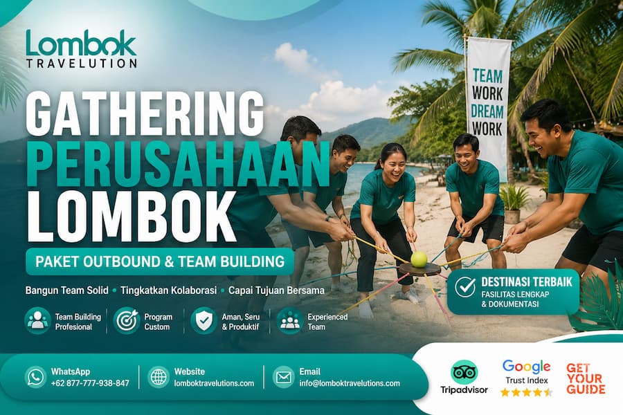 Tim peserta mengikuti aktivitas team building di pantai Lombok dalam paket gathering perusahaan yang diselenggarakan oleh Lombok Travelution.