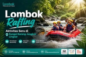 Peserta rafting menikmati arus Sungai Karang Jangkok di Lingsar, Lombok dengan suasana alam tropis yang asri dan menantang.