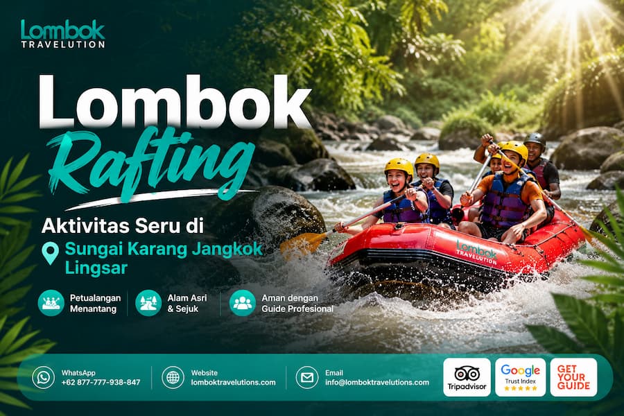 Peserta rafting menikmati arus Sungai Karang Jangkok di Lingsar, Lombok dengan suasana alam tropis yang asri dan menantang.