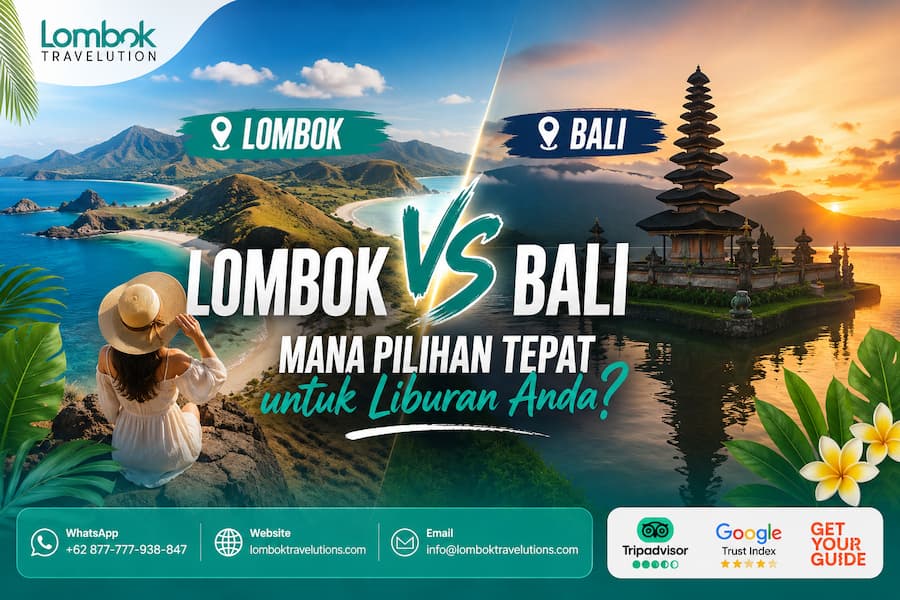 Perbandingan destinasi wisata Lombok dan Bali dengan panorama pantai Lombok serta pura ikonik Bali untuk membantu memilih tujuan liburan terbaik.