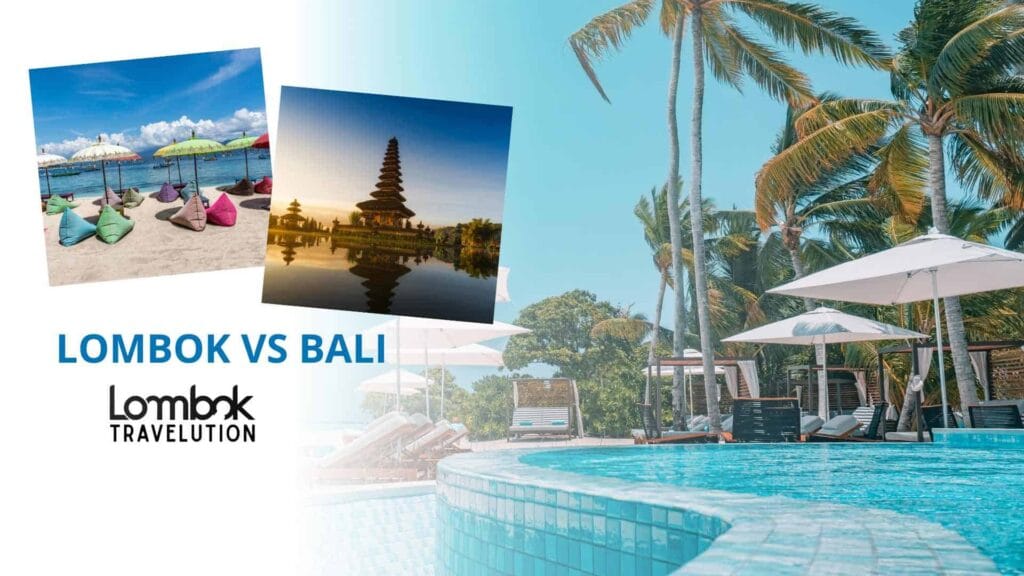 Kolase perbandingan suasana liburan Lombok vs Bali.