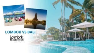 Kolase perbandingan suasana liburan Lombok vs Bali.