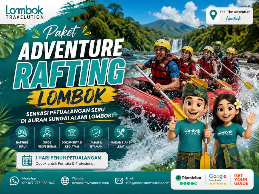 Paket adventure rafting Lombok dengan aktivitas arung jeram di sungai tropis