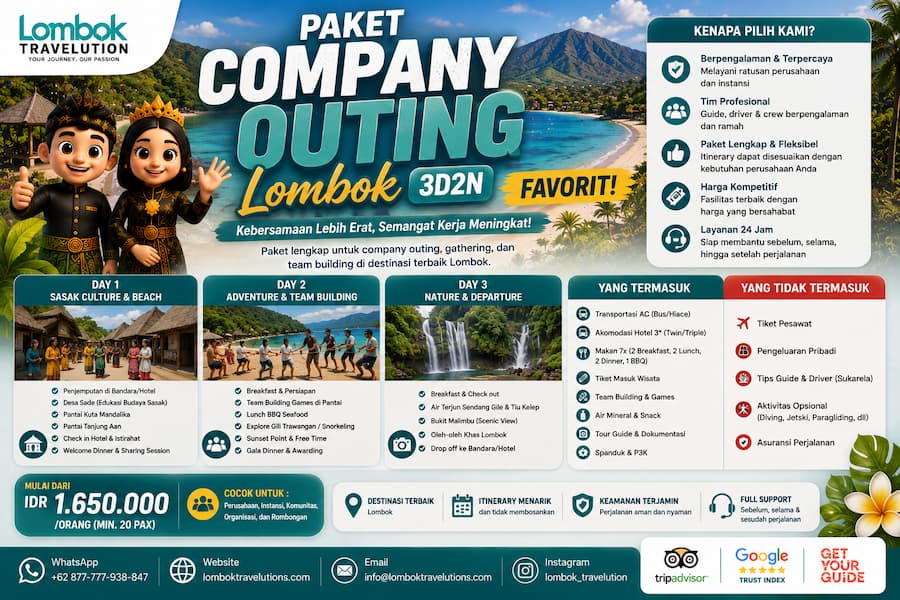 Paket company outing Lombok 3D2N favorit untuk gathering, team building, dan kegiatan perusahaan