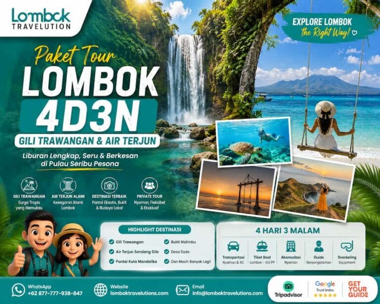 Paket Tour Lombok 4D3N Gili Trawangan dan air terjun