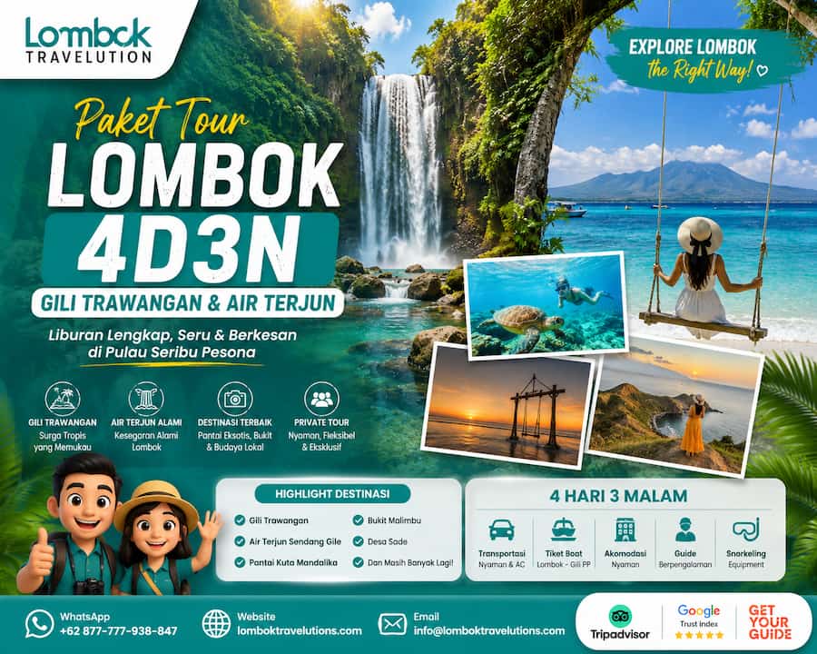 Paket Tour Lombok 4D3N Gili Trawangan dan air terjun