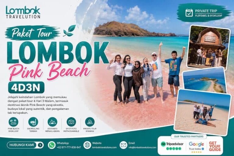 Paket Tour Lombok 4D3N Pink Beach bersama Lombok Travelution dengan wisata Pantai Pink, Desa Adat Sade, snorkeling, private tour, dan destinasi terbaik di Lombok.
