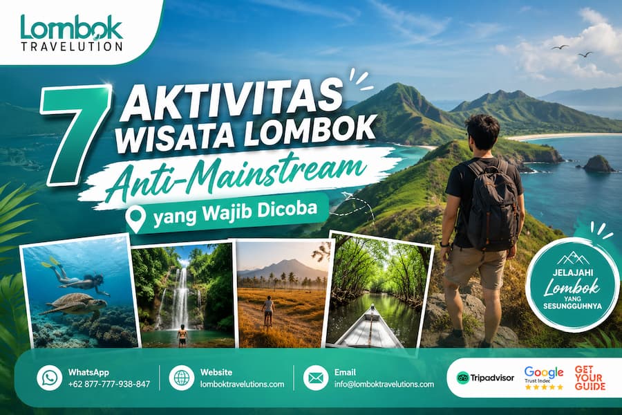 Wisatawan menikmati panorama perbukitan dan pantai eksotis Lombok dengan berbagai aktivitas wisata anti-mainstream seperti snorkeling, air terjun, dan jelajah alam.
