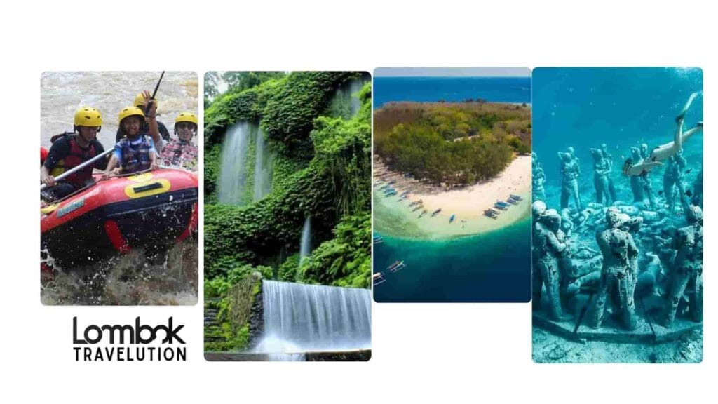 Kolase 7 destinasi wisata anti mainstream di Lombok termasuk rafting, air terjun, dan gili nanggu.