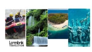 Kolase 7 destinasi wisata anti mainstream di Lombok termasuk rafting, air terjun, dan gili nanggu.
