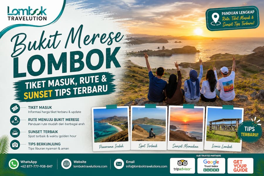 Panorama Bukit Merese Lombok saat matahari terbenam dengan wisatawan menikmati pemandangan perbukitan dan garis pantai indah bersama Lombok Travelution.