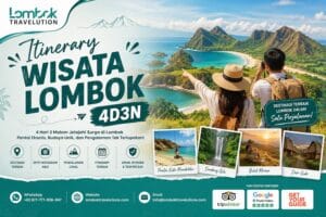 Itinerary Wisata Lombok 4D3N bersama Lombok Travelution menampilkan destinasi populer seperti Pantai Kuta Mandalika, Bukit Merese, Air Terjun Sendang Gile, dan Desa Sade untuk liburan 4 hari 3 malam.