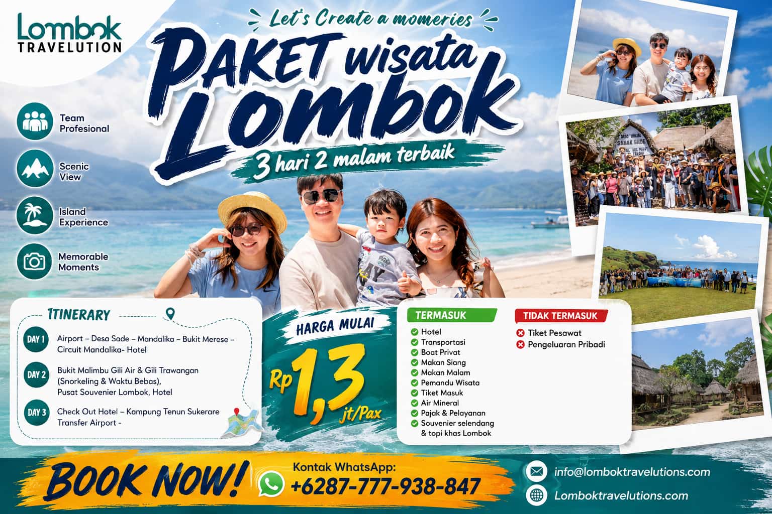 Paket Wisata Lombok 3 Hari 2 Malam Terbaik bersama Lombok Travelutions mengunjungi Mandalika, Bukit Merese, Gili Air, dan Gili Trawangan.