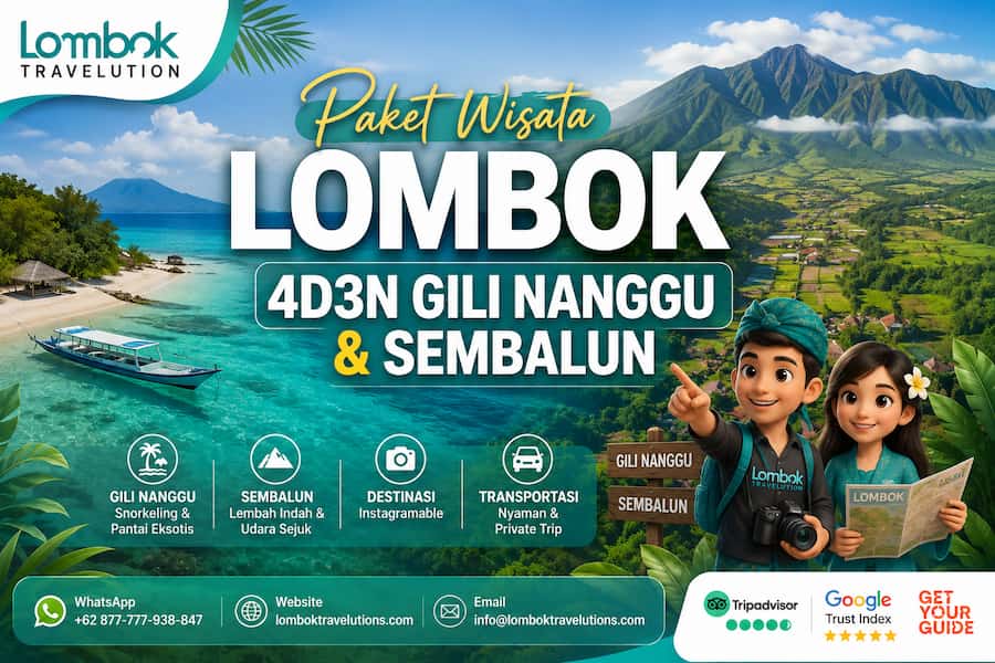 Paket wisata Lombok 4D3N Gili Nanggu dan Sembalun dengan pantai tropis dan pemandangan pegunungan