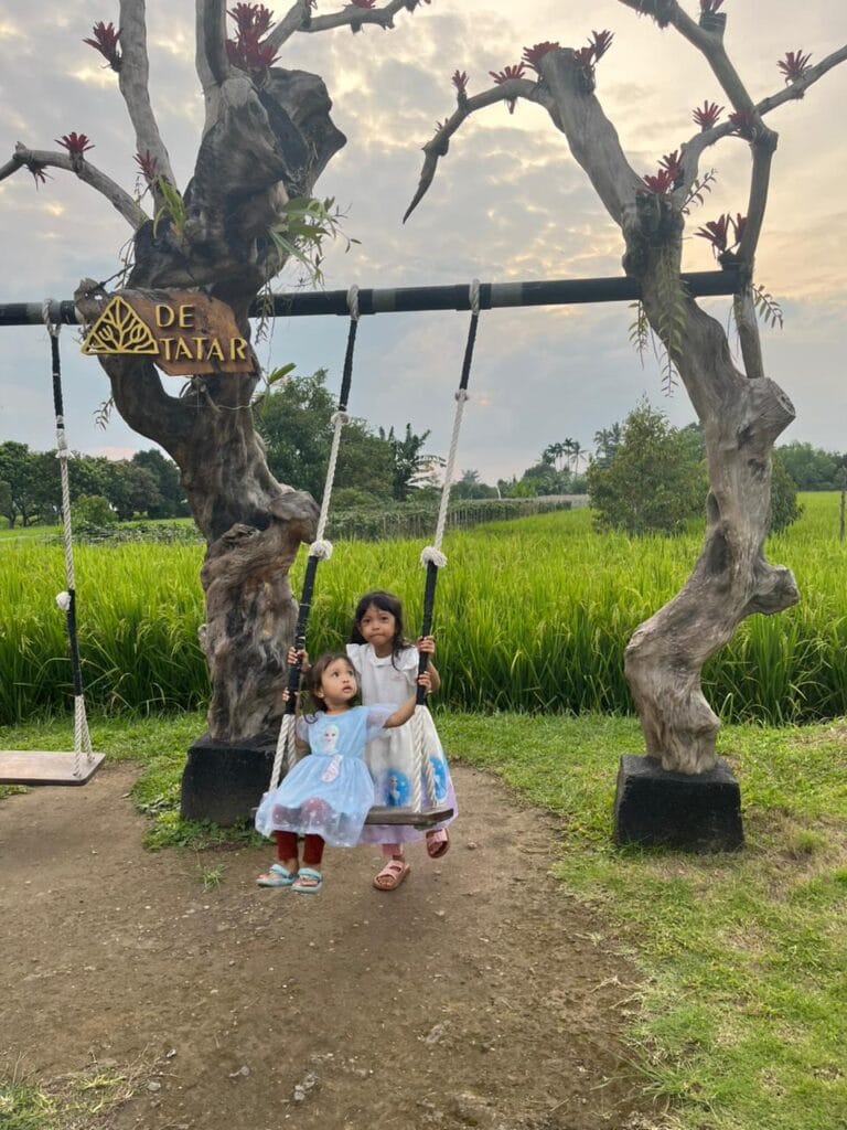 Anak-anak bermain di ayunan ikonik De Tatar Narmada Lombok dengan latar belakang sawah hijau.