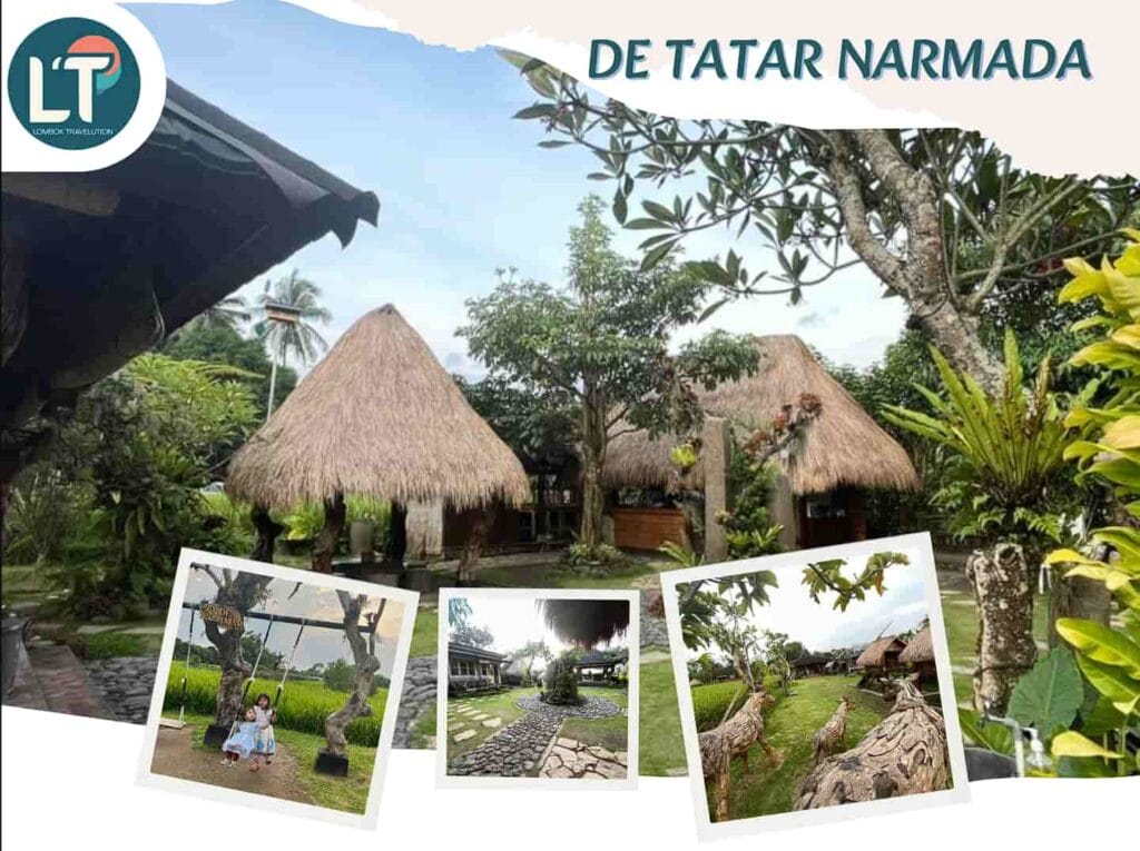 Kolase foto De Tatar Narmada Lombok dengan fasilitas ayunan anak dan nuansa sawah asri dari Lombok Travelution.