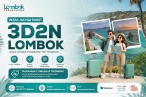 Detail harga paket wisata Lombok 3 hari 2 malam (3D2N) dari Lombok Travelution dengan ilustrasi wisatawan, pemandangan pantai Lombok, dan informasi kontak.