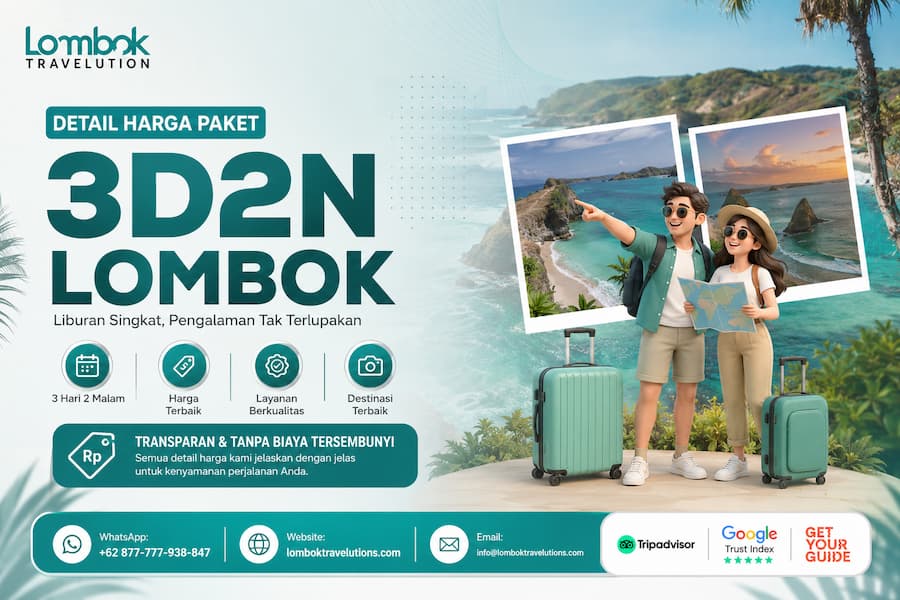 Detail harga paket wisata Lombok 3 hari 2 malam (3D2N) dari Lombok Travelution dengan ilustrasi wisatawan, pemandangan pantai Lombok, dan informasi kontak.