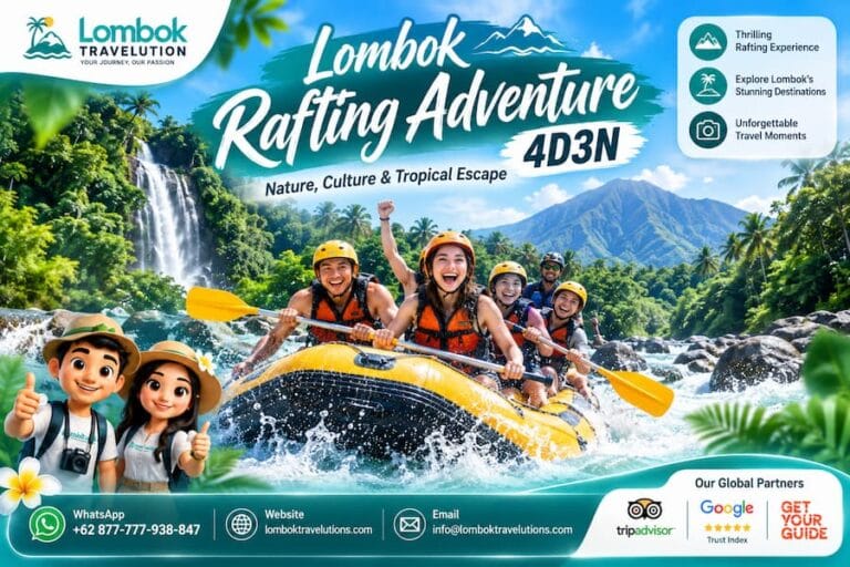 Lombok Rafting Adventure 4D3N dengan arung jeram, air terjun, alam tropis, dan aktivitas petualangan
