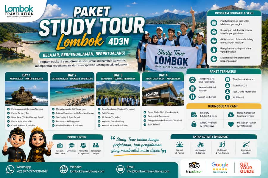 Paket study tour Lombok 4D3N dengan wisata edukasi, budaya, alam, snorkeling, dan team building