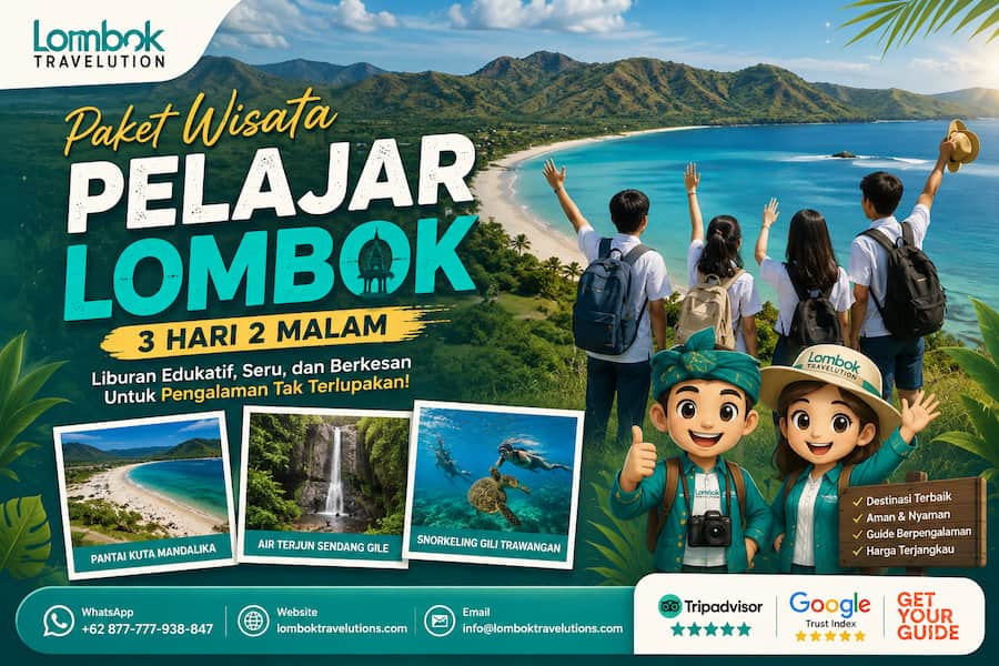 Paket Wisata Pelajar Lombok 3 Hari 2 Malam mengunjungi Pantai Kuta Mandalika, Air Terjun Sendang Gile, dan snorkeling di Gili Trawangan bersama Lombok Travelution.