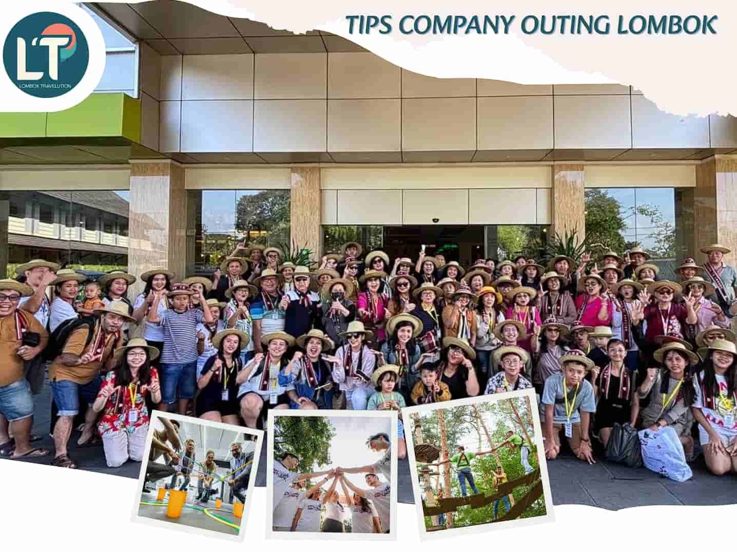 Rombongan besar karyawan perusahaan sedang menikmati kegiatan company outing dan team building di Lombok bersama Lombok Travelution.