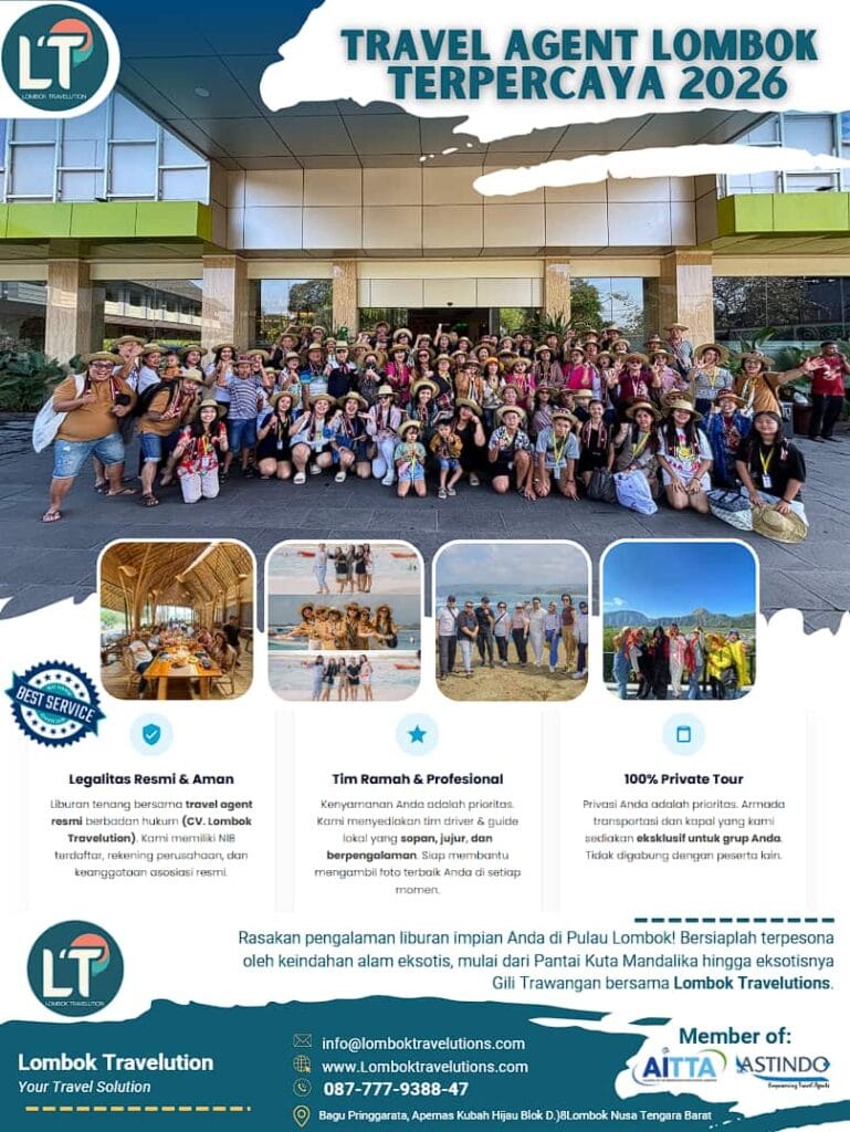 Poster resmi Lombok Travelutions sebagai Travel Agent Lombok terpercaya 2026 dengan legalitas CV resmi dan rating bintang 5.