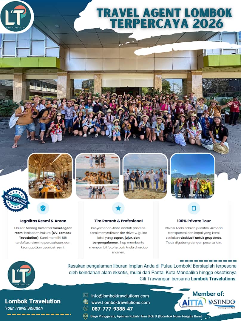Poster resmi Lombok Travelutions sebagai Travel Agent Lombok terpercaya 2026 dengan legalitas CV resmi dan rating bintang 5.