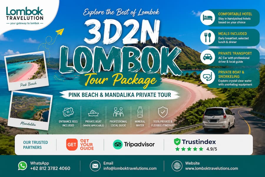 3D2N Lombok Tour Package by Lombok Travelution featuring Pink Beach, Mandalika, Sasak Village, private transportation, hotel accommodation, snorkeling activities, and cultural experiences in Lombok, Indonesia.