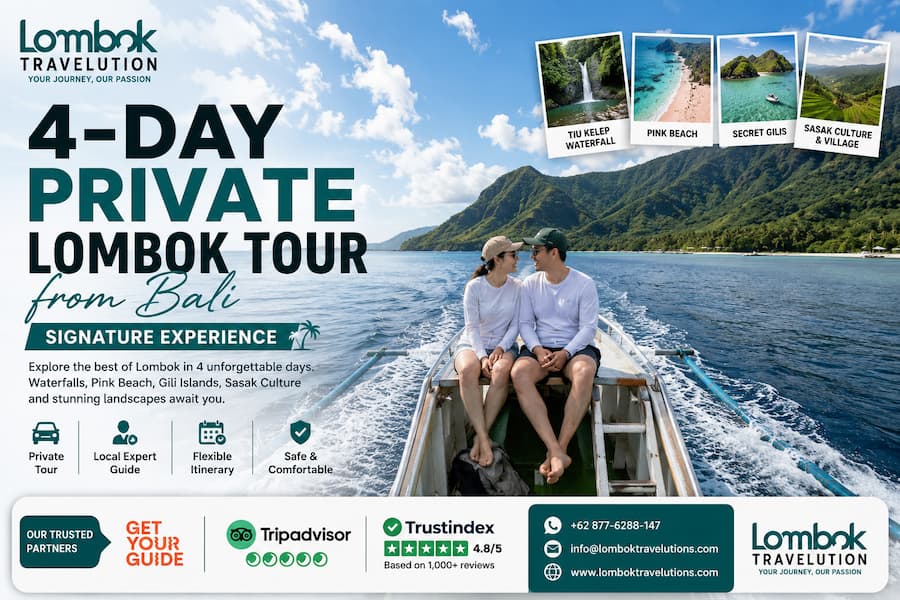 4-Day Private Lombok Tour from Bali by Lombok Travelution featuring Pink Beach, Tiu Kelep Waterfall, Secret Gilis, Sasak Village, and scenic Lombok landscapes.