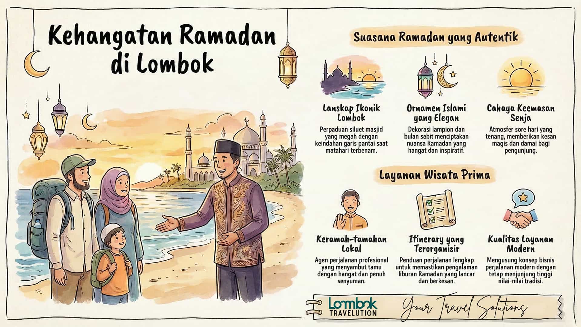 Ilustrasi layanan travel agent Lombok terpercaya menyambut tamu dengan hangat di bulan Ramadan 2026