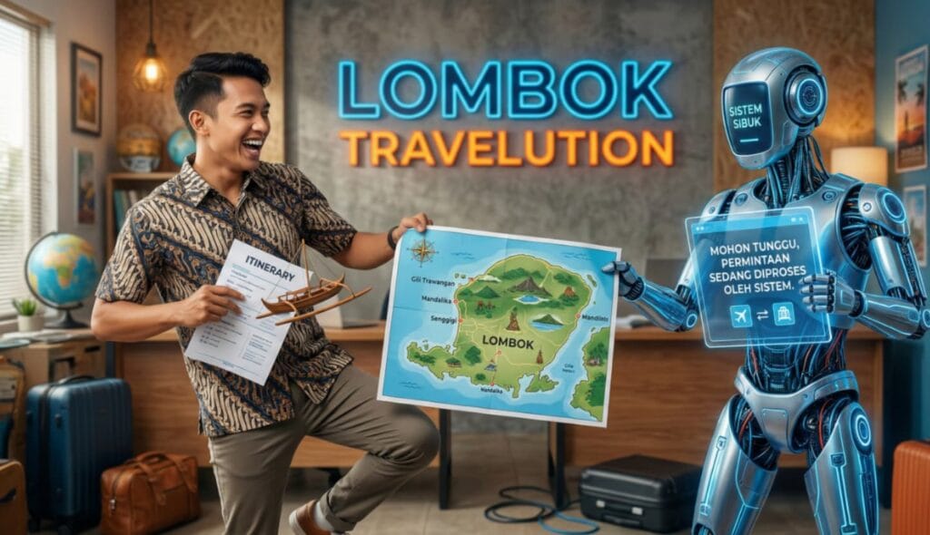 Pria muda enerjik dari Lombok Travelution memegang peta Lombok dan rencana perjalanan, bersaing memberikan layanan personal melawan robot digital OTA yang kaku.