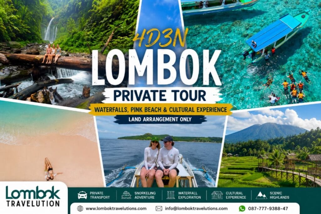 4D3N Lombok Private Tour Land Arrangement Only featuring Tiu Kelep Waterfall, Pink Beach snorkeling, island hopping, and cultural experience