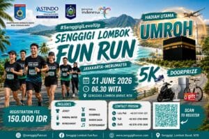 Poster Senggigi Lombok Fun Run 2026 dengan hadiah utama umroh, event lari wisata di Lombok Barat dengan latar pantai Senggigi dan QR code registrasi.