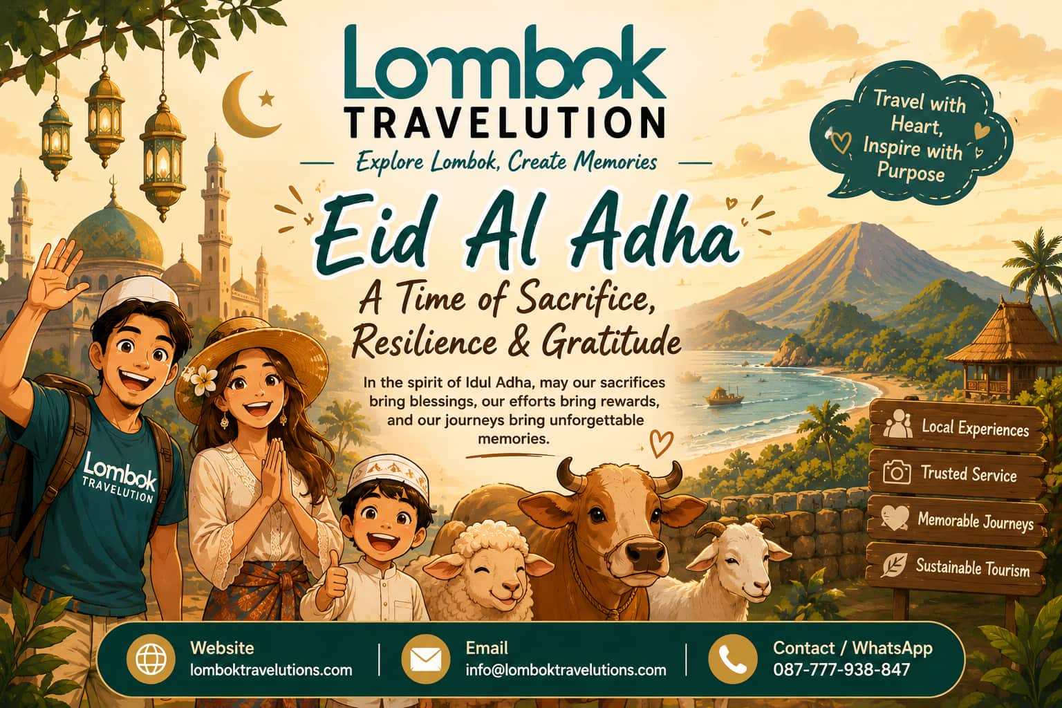 Ilustrasi Idul Adha bersama Lombok Travelution yang menggambarkan semangat berkorban, bertahan, dan harapan bagi pariwisata Lombok.