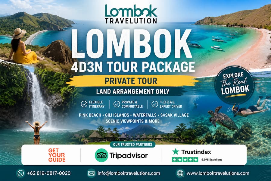 Lombok 4D3N Tour Package with private transportation, Pink Beach, Gili Islands, waterfalls and Sasak cultural tour – Land Arrangement Only.